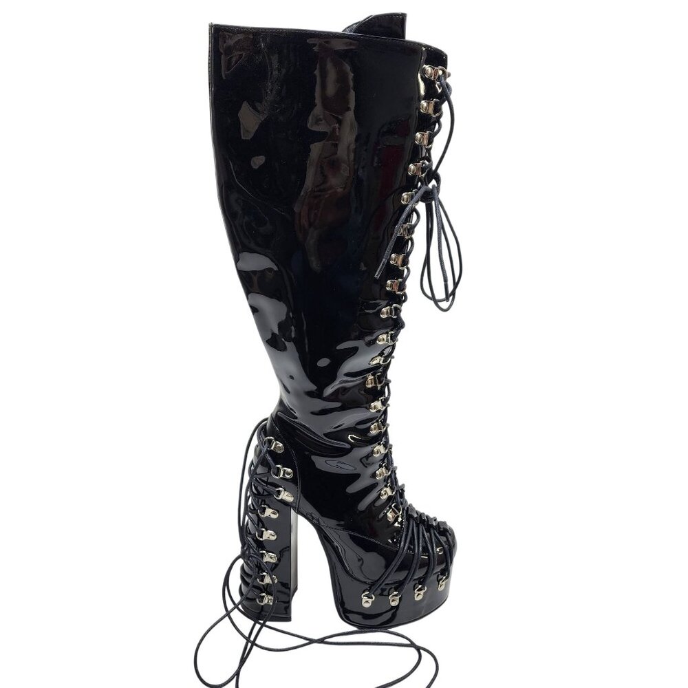 Black Leather Knee-High Lace-Up Platform Boots 6 Frankie Hsu Gothic side Zipper - Picture 8 of 9
